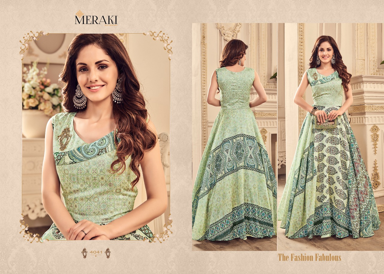 Nayra By Meraki 4037 To 4042 Series Designer Collection Gowns Beautiful Stylish Fancy Colorful Party Wear & Occasional Wear Heavy Modal Printed Gowns At Wholesale Price