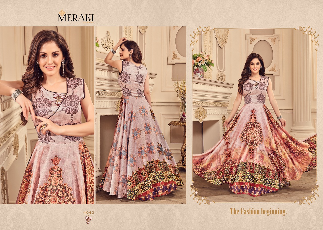 Nayra By Meraki 4037 To 4042 Series Designer Collection Gowns Beautiful Stylish Fancy Colorful Party Wear & Occasional Wear Heavy Modal Printed Gowns At Wholesale Price