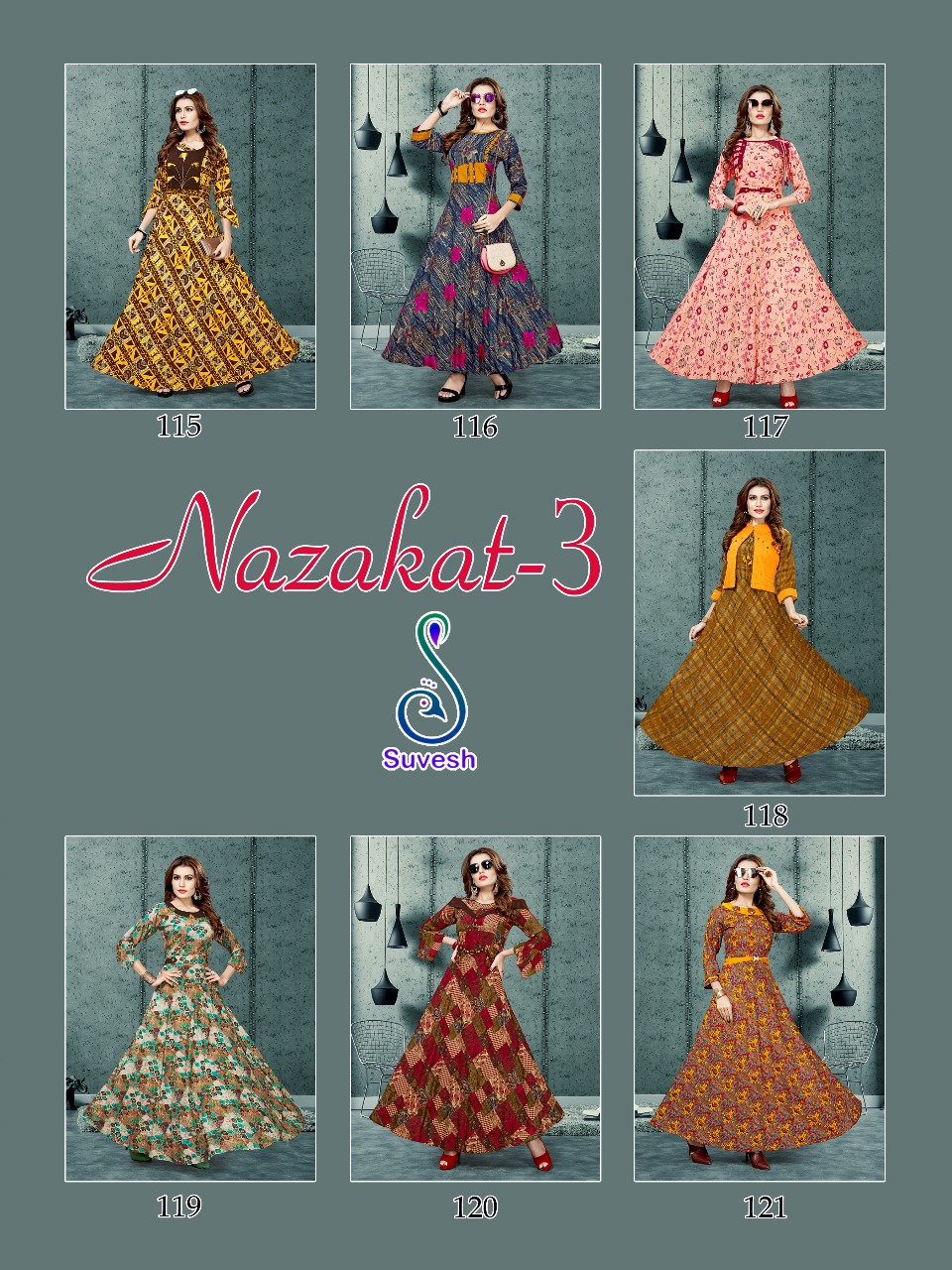 Nazakat Vol-3 By Suvesh 115 To 121 Series Beautiful Stylish Fancy Colorful Casual Wear & Ethnic Wear & Ready To Wear Heavy Rayon Printed Kurtis At Wholesale Price