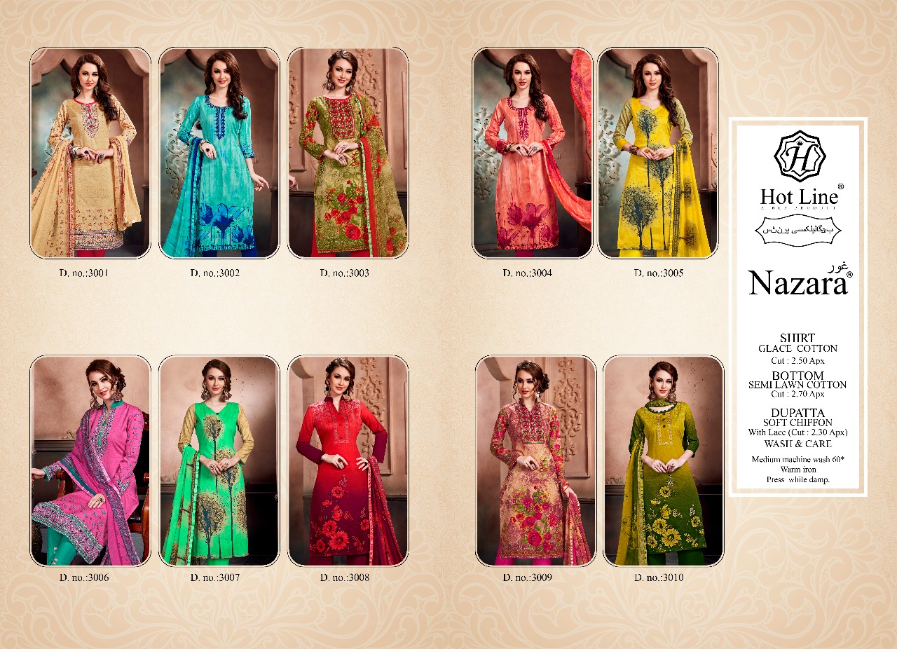 Nazara By Hot Line 1001 To 1010 Series Beautiful Suits Stylish Colorful Fancy Casual Wear & Ethnic Wear Pure Glace Cotton Printed Dresses At Wholesale Price