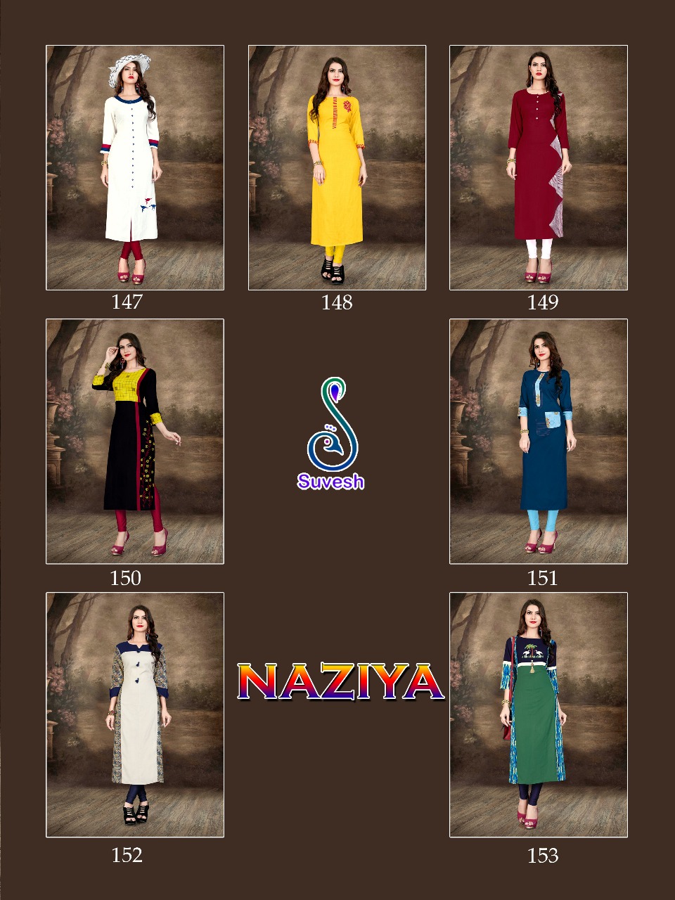 Naziya By Suvesh 147 To 153 Series Beautiful Stylish Fancy Colorful Casual Wear & Ethnic Wear & Ready To Wear Rayon/ Slub Embroidered Kurtis At Wholesale Price