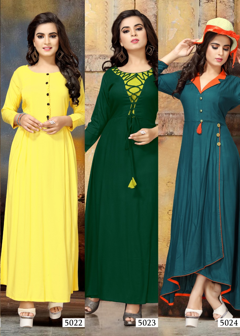 Nazmeen By Neeti Creation 5020 To 5024 Series Beautiful Colorful Stylish Fancy Casual Wear & Ethnic Wear & Ready To Wear Heavy Rayon Plain Kurtis At Wholesale Price