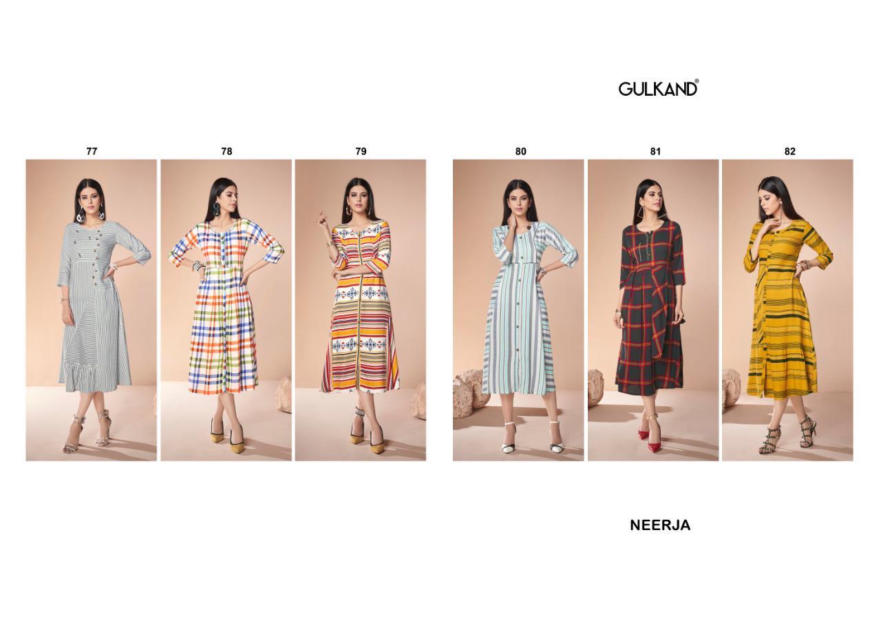 Neerja By Gulkand Designer 1001 To 1010 Series Beautiful Stylish Colorful Fancy Party Wear & Ethnic Wear & Ready To Wear Heavy Rayon Print With Handwork Kurtis At Wholesale Price