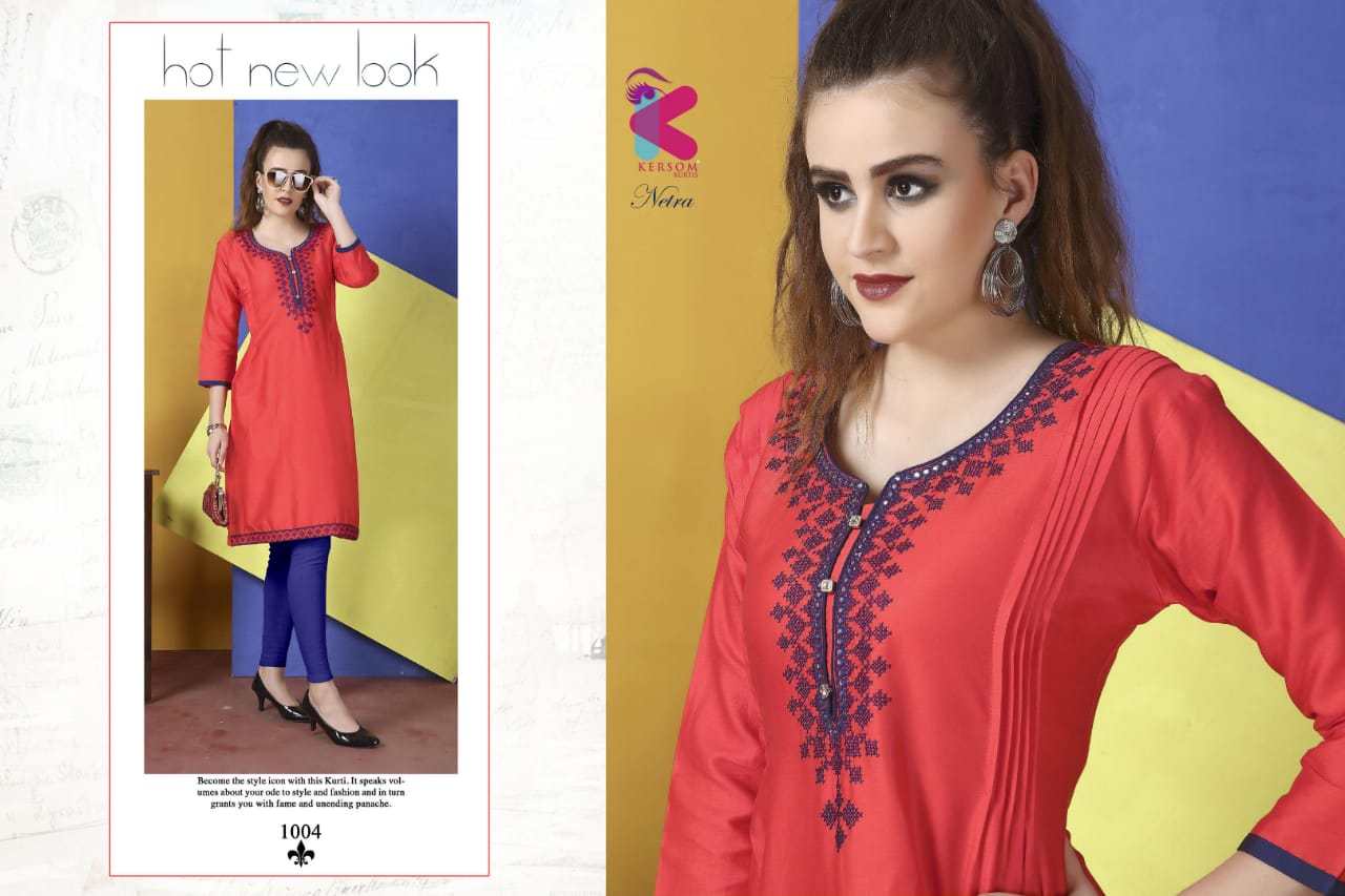 Netra By Kersom 1001 To 1004 Series Beautiful Colorful Stylish Fancy Casual Wear & Ethnic Wear & Ready To Wear Heavy Jam Satin Kurtis At Wholesale Price