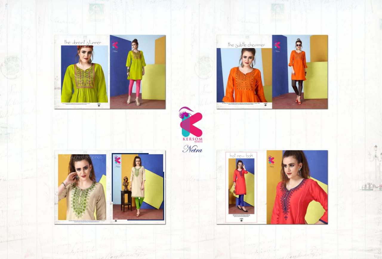 Netra By Kersom 1001 To 1004 Series Beautiful Colorful Stylish Fancy Casual Wear & Ethnic Wear & Ready To Wear Heavy Jam Satin Kurtis At Wholesale Price
