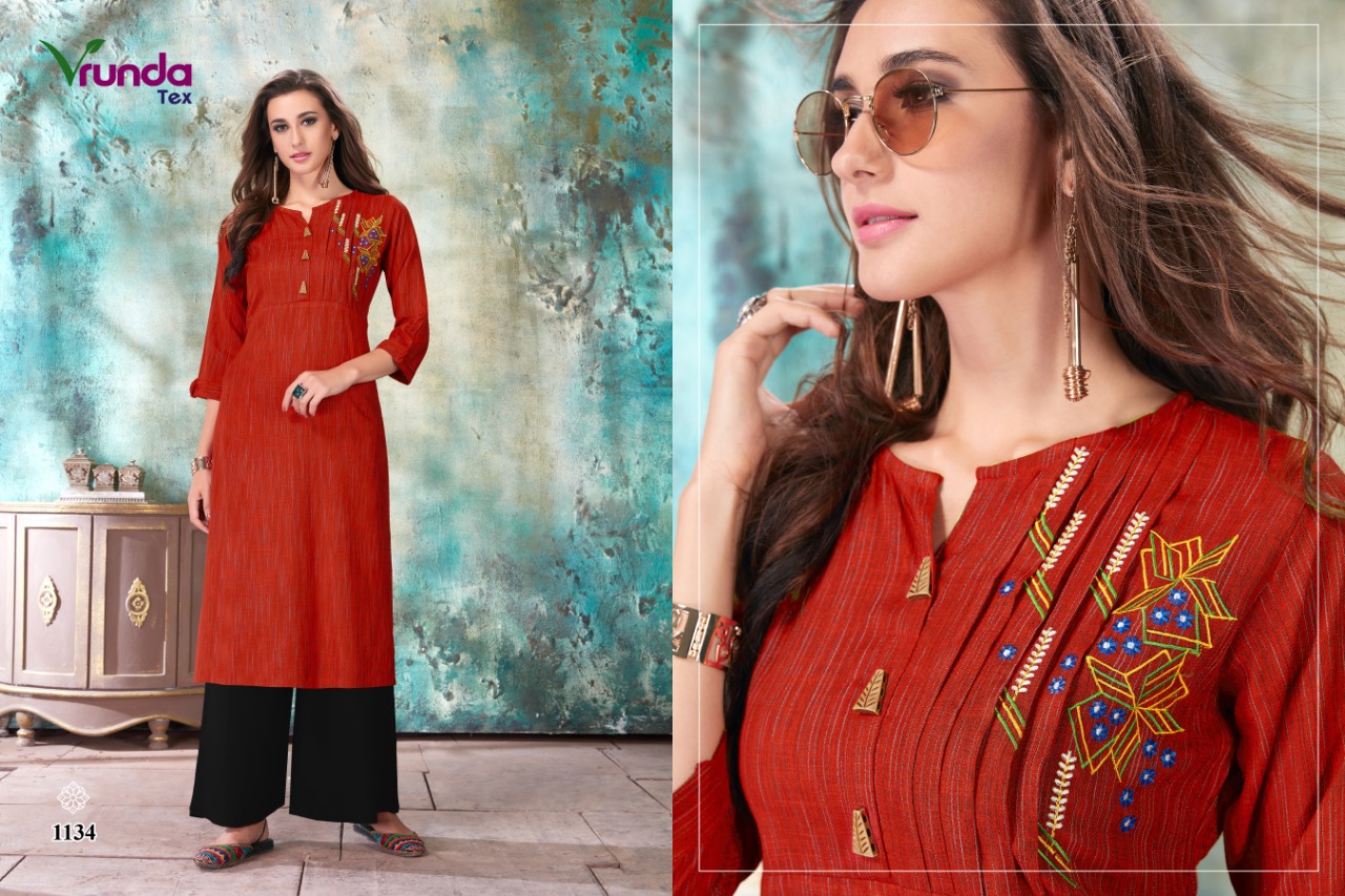 Nirva By Vrunda Tex 1131 To 1136 Series Designer Wear Collection Beautiful Stylish Fancy Colorful Party Wear & Occasional Wear Heavy Rayon Duplex Slub With Embroidery Kurti At Wholesale Price