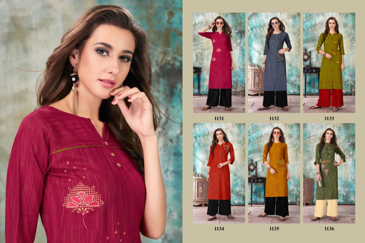Nirva By Vrunda Tex 1131 To 1136 Series Designer Wear Collection Beautiful Stylish Fancy Colorful Party Wear & Occasional Wear Heavy Rayon Duplex Slub With Embroidery Kurti At Wholesale Price