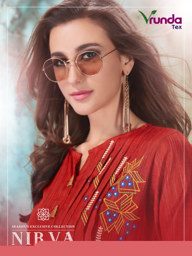 Nirva By Vrunda Tex  1131 To 1136 Series Designer Wear Collection Beautiful Stylish Fancy Colorful Party Wear & Occasional Wear Heavy Rayon Duplex Slub With Embroidery Kurti   At Wholesale Price