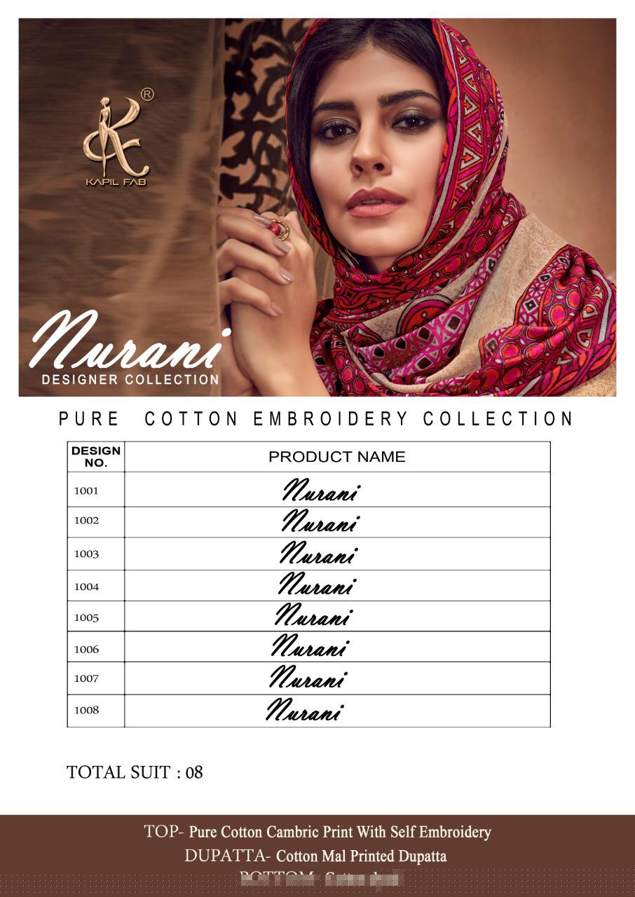 Nurani By Kapil Fabs 1001 To 1008 Series Indian Traditional Wear Collection Beautiful Stylish Fancy Colorful Party Wear & Occasional Wear Cambric Cotton Print With Self Embroidery Dress At Wholesale Price