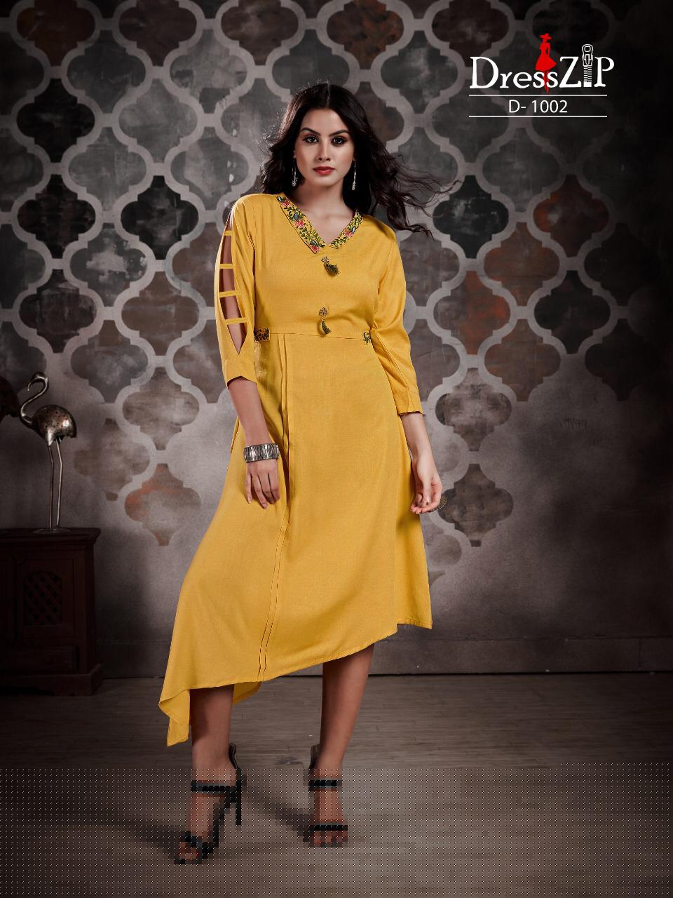 Only For You By Dress Zip 1001 To 1006 Series Beautiful Colorful Stylish Fancy Casual Wear & Ethnic Wear & Ready To Wear Two Tone Rayon Embroidered Printed Kurtis At Wholesale Price