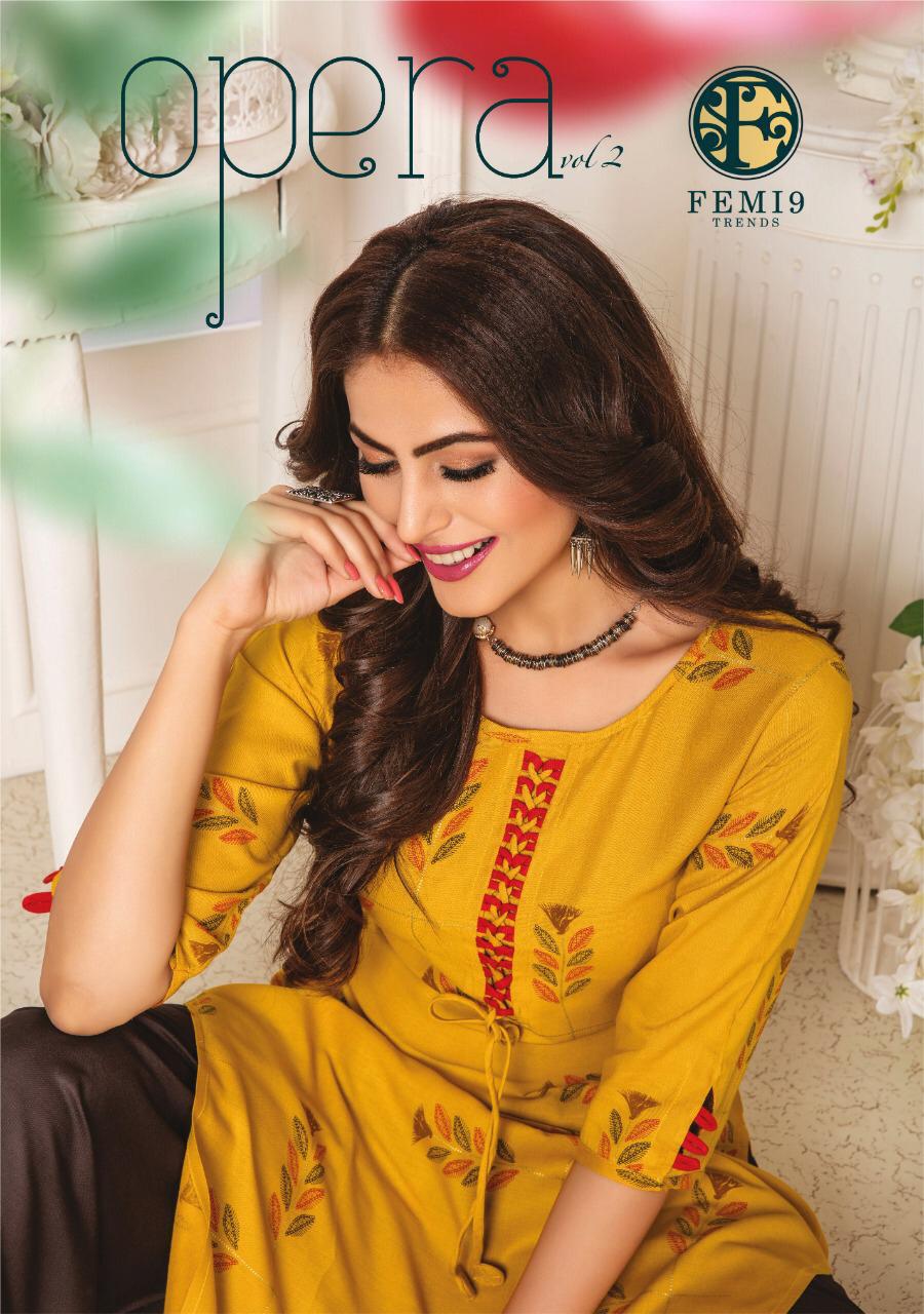 Opera Vol-2 By Femi9 Trendz 2001 To 2010 Series Beautiful Stylish Fancy Colorful Casual Wear & Ethnic Wear Rayon Print Kurtis With Palazzo At Wholesale Price