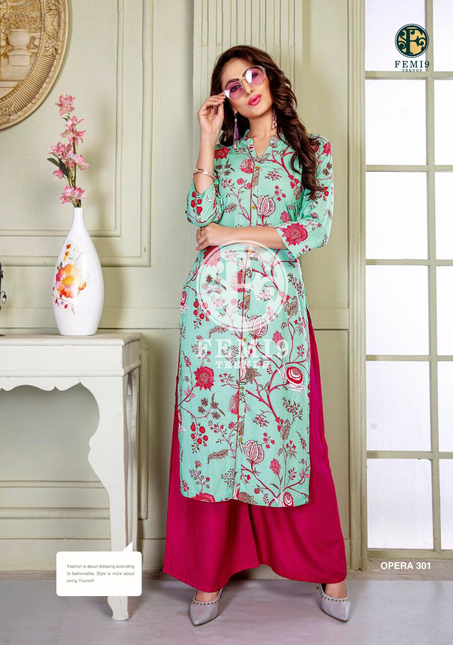 Opera Vol-3 By Femi9 Trends 301 To 310 Series Beautiful Colorful Stylish Fancy Casual Wear & Ethnic Wear & Ready To Wear Rayon Kurtis With Bottom At Wholesale Price