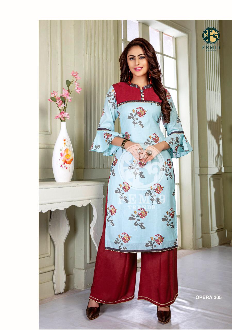 Opera Vol-3 By Femi9 Trends 301 To 310 Series Beautiful Colorful Stylish Fancy Casual Wear & Ethnic Wear & Ready To Wear Rayon Kurtis With Bottom At Wholesale Price