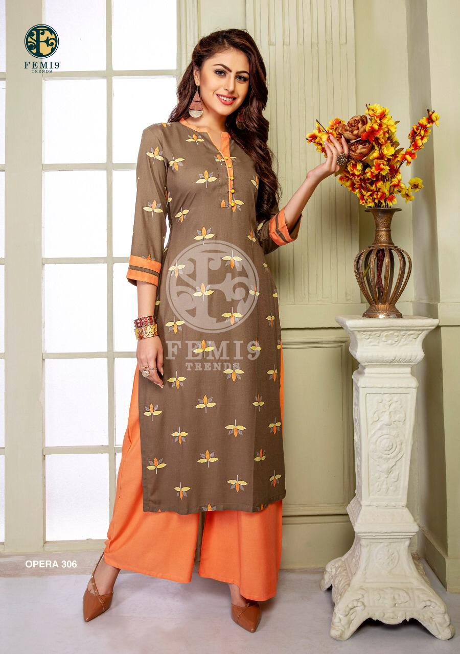 Opera Vol-3 By Femi9 Trends 301 To 310 Series Beautiful Colorful Stylish Fancy Casual Wear & Ethnic Wear & Ready To Wear Rayon Kurtis With Bottom At Wholesale Price