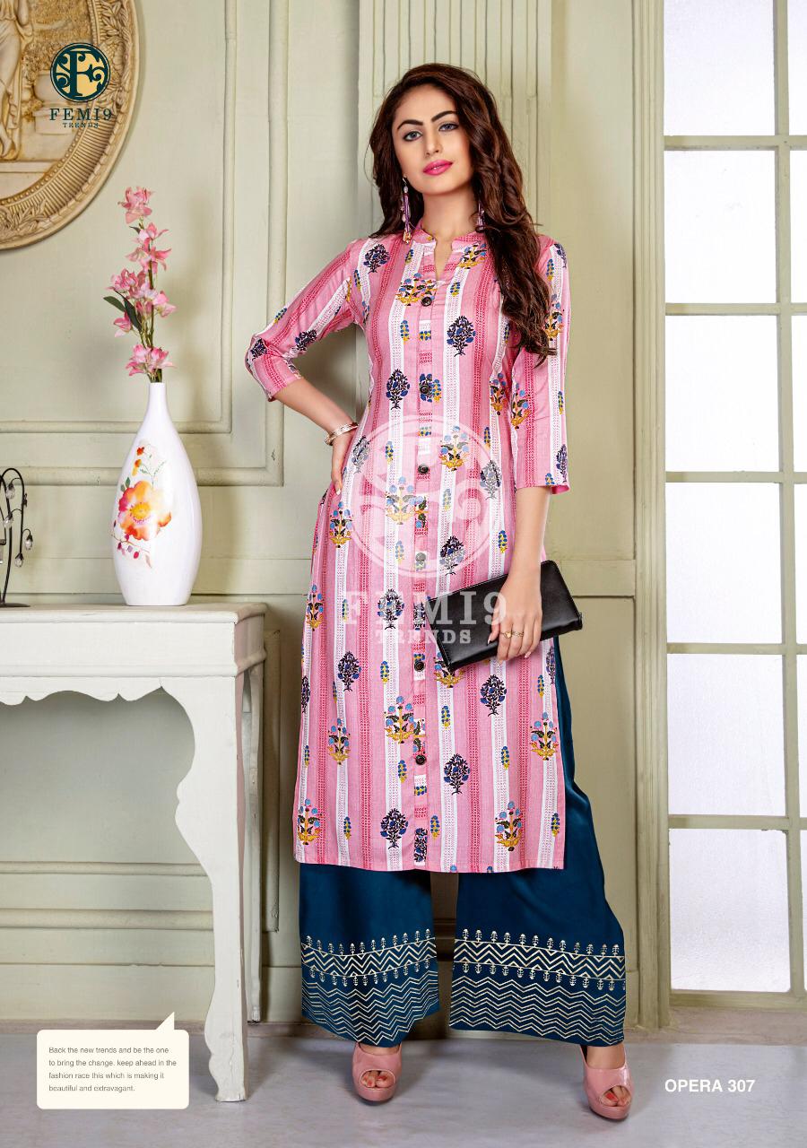 Opera Vol-3 By Femi9 Trends 301 To 310 Series Beautiful Colorful Stylish Fancy Casual Wear & Ethnic Wear & Ready To Wear Rayon Kurtis With Bottom At Wholesale Price