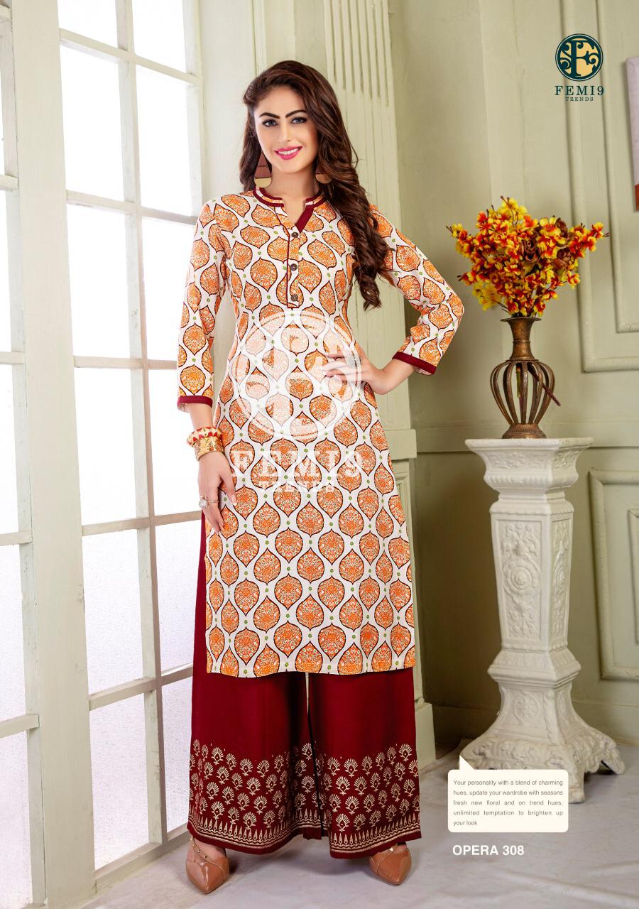 Opera Vol-3 By Femi9 Trends 301 To 310 Series Beautiful Colorful Stylish Fancy Casual Wear & Ethnic Wear & Ready To Wear Rayon Kurtis With Bottom At Wholesale Price