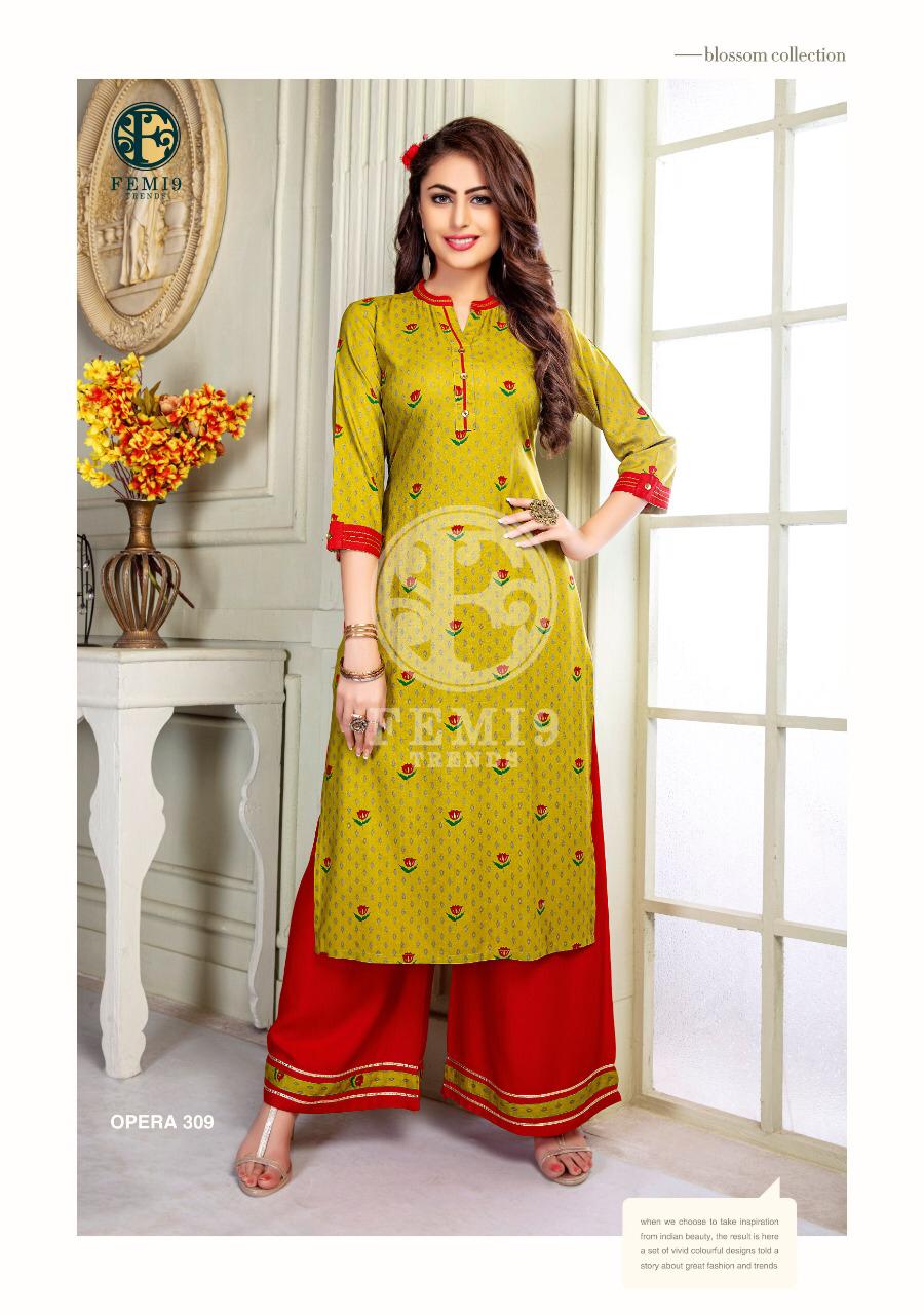 Opera Vol-3 By Femi9 Trends 301 To 310 Series Beautiful Colorful Stylish Fancy Casual Wear & Ethnic Wear & Ready To Wear Rayon Kurtis With Bottom At Wholesale Price