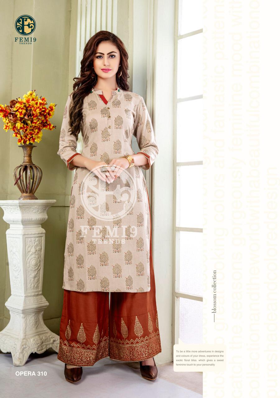 Opera Vol-3 By Femi9 Trends 301 To 310 Series Beautiful Colorful Stylish Fancy Casual Wear & Ethnic Wear & Ready To Wear Rayon Kurtis With Bottom At Wholesale Price