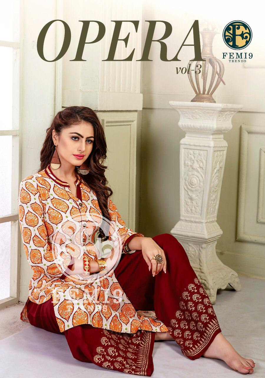 Opera Vol-3 By Femi9 Trends 301 To 310 Series Beautiful Colorful Stylish Fancy Casual Wear & Ethnic Wear & Ready To Wear Rayon Kurtis With Bottom At Wholesale Price