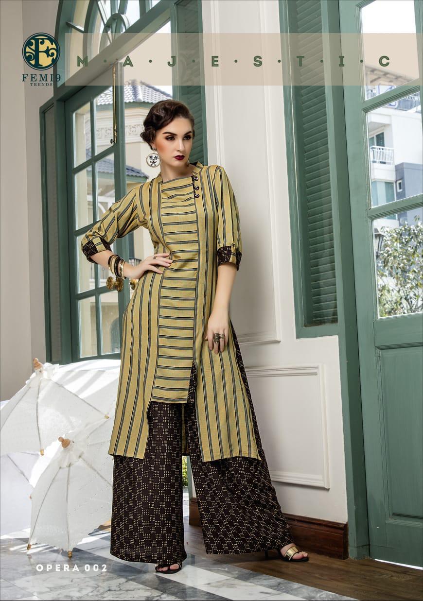 Opera By Femi9 Trends 001 To 010 Series Beautiful Colorful Stylish Fancy Casual Wear & Ethnic Wear & Ready To Wear Heavy Rayon Printed Kurtis With Palazzo At Wholesale Price