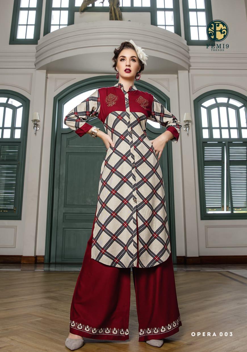 Opera By Femi9 Trends 001 To 010 Series Beautiful Colorful Stylish Fancy Casual Wear & Ethnic Wear & Ready To Wear Heavy Rayon Printed Kurtis With Palazzo At Wholesale Price
