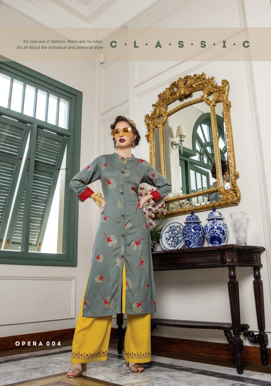 Opera By Femi9 Trends 001 To 010 Series Beautiful Colorful Stylish Fancy Casual Wear & Ethnic Wear & Ready To Wear Heavy Rayon Printed Kurtis With Palazzo At Wholesale Price