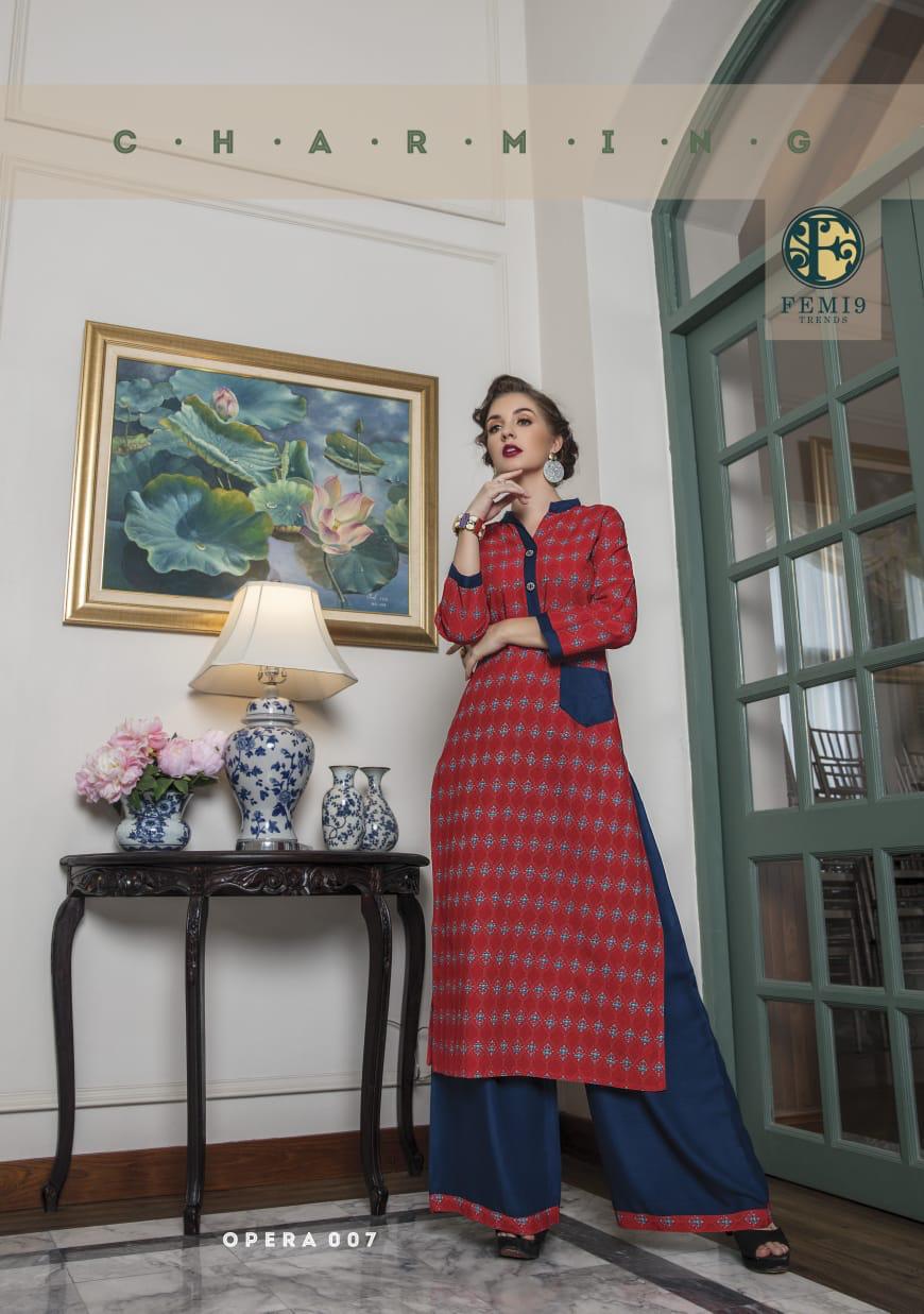 Opera By Femi9 Trends 001 To 010 Series Beautiful Colorful Stylish Fancy Casual Wear & Ethnic Wear & Ready To Wear Heavy Rayon Printed Kurtis With Palazzo At Wholesale Price