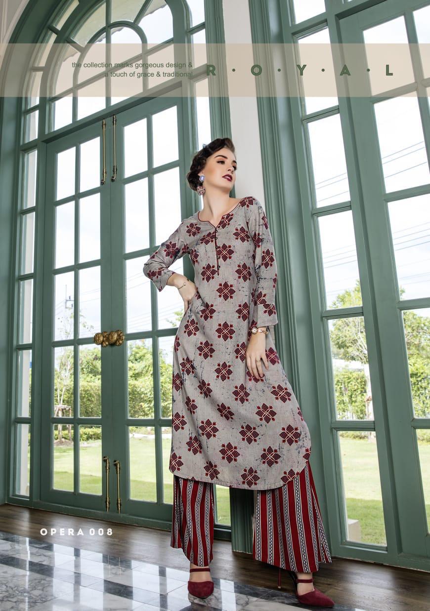 Opera By Femi9 Trends 001 To 010 Series Beautiful Colorful Stylish Fancy Casual Wear & Ethnic Wear & Ready To Wear Heavy Rayon Printed Kurtis With Palazzo At Wholesale Price