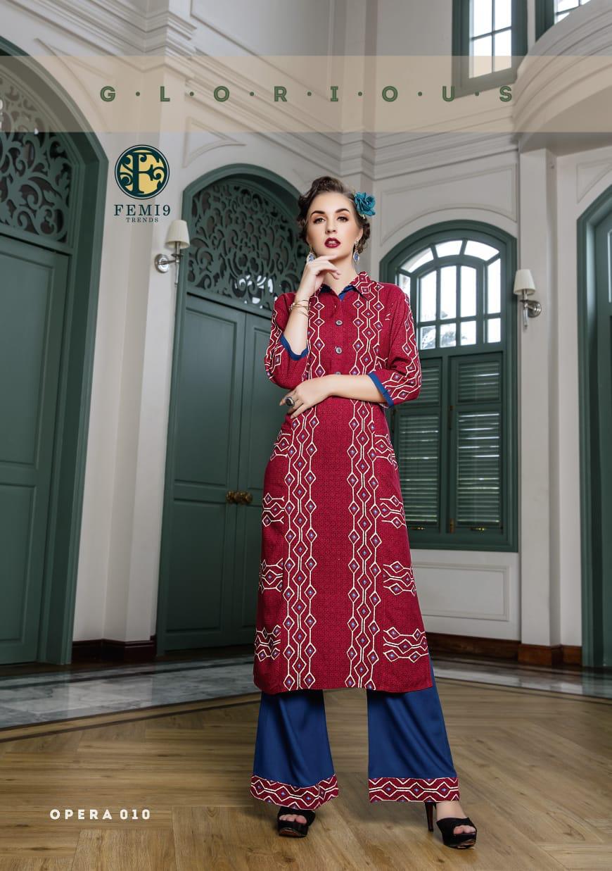 Opera By Femi9 Trends 001 To 010 Series Beautiful Colorful Stylish Fancy Casual Wear & Ethnic Wear & Ready To Wear Heavy Rayon Printed Kurtis With Palazzo At Wholesale Price