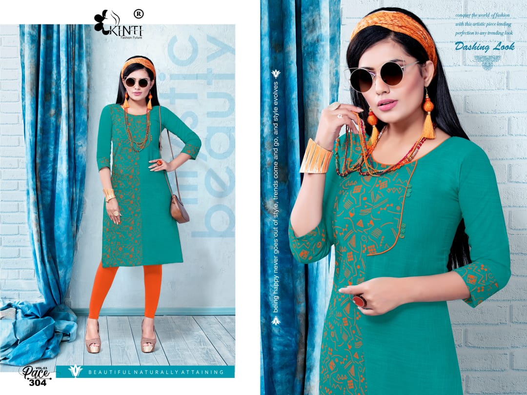 Pace-3 By Kinti 301 To 312 Series Stylish Fancy Beautiful Colorful Casual Wear & Ethnic Wear Heavy Cotton Slub Printed Kurtis At Wholesale Price