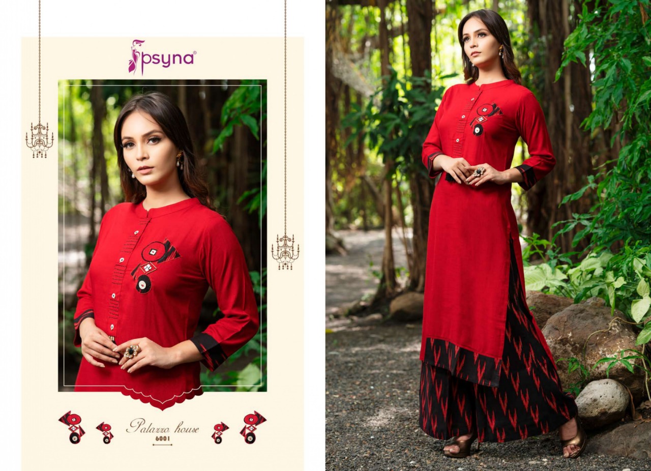 Palazzo House Vol-6 By Psyna 6001 To 6012 Series Beautiful Colorful Stylish Fancy Casual Wear & Ethnic Wear & Ready To Wear Heavy Rayon Slub Dyed Kurtis & Palazzos At Wholesale Price