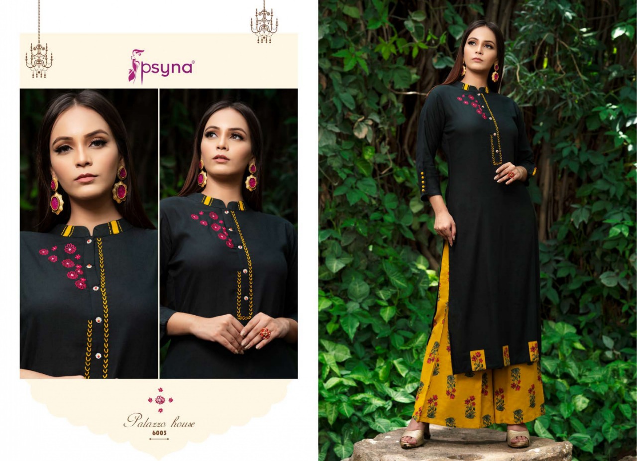 Palazzo House Vol-6 By Psyna 6001 To 6012 Series Beautiful Colorful Stylish Fancy Casual Wear & Ethnic Wear & Ready To Wear Heavy Rayon Slub Dyed Kurtis & Palazzos At Wholesale Price