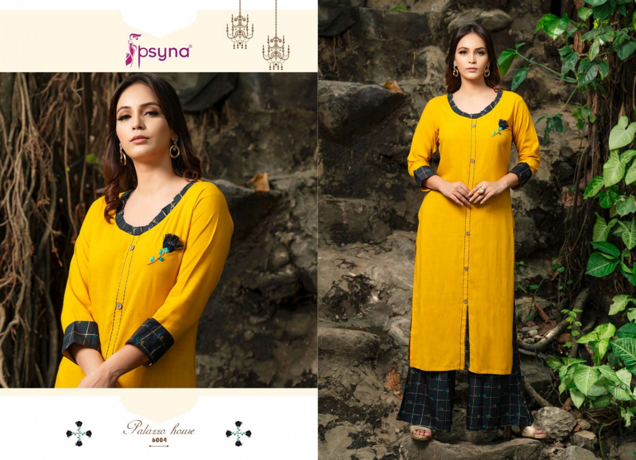 Palazzo House Vol-6 By Psyna 6001 To 6012 Series Beautiful Colorful Stylish Fancy Casual Wear & Ethnic Wear & Ready To Wear Heavy Rayon Slub Dyed Kurtis & Palazzos At Wholesale Price