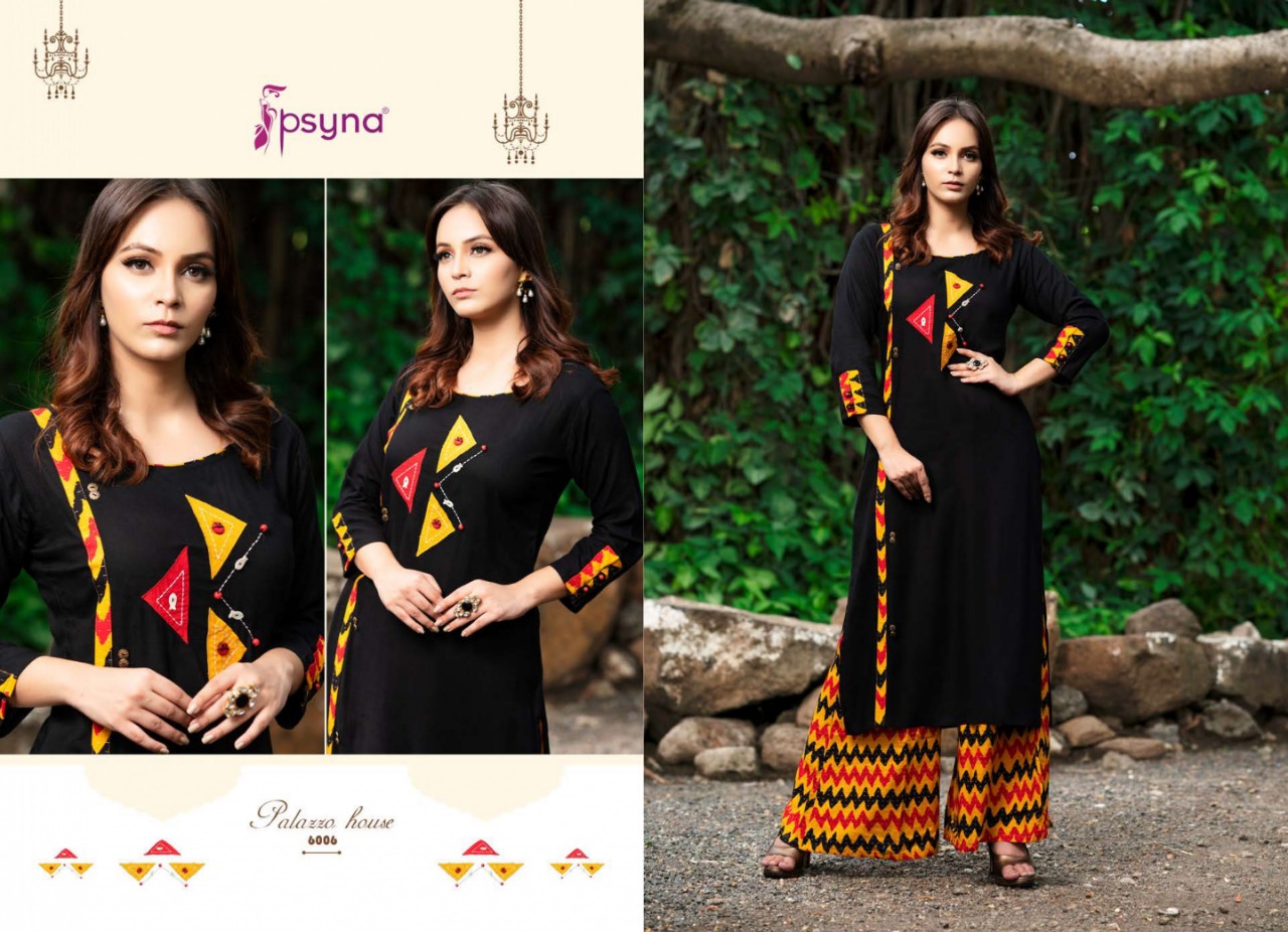 Palazzo House Vol-6 By Psyna 6001 To 6012 Series Beautiful Colorful Stylish Fancy Casual Wear & Ethnic Wear & Ready To Wear Heavy Rayon Slub Dyed Kurtis & Palazzos At Wholesale Price