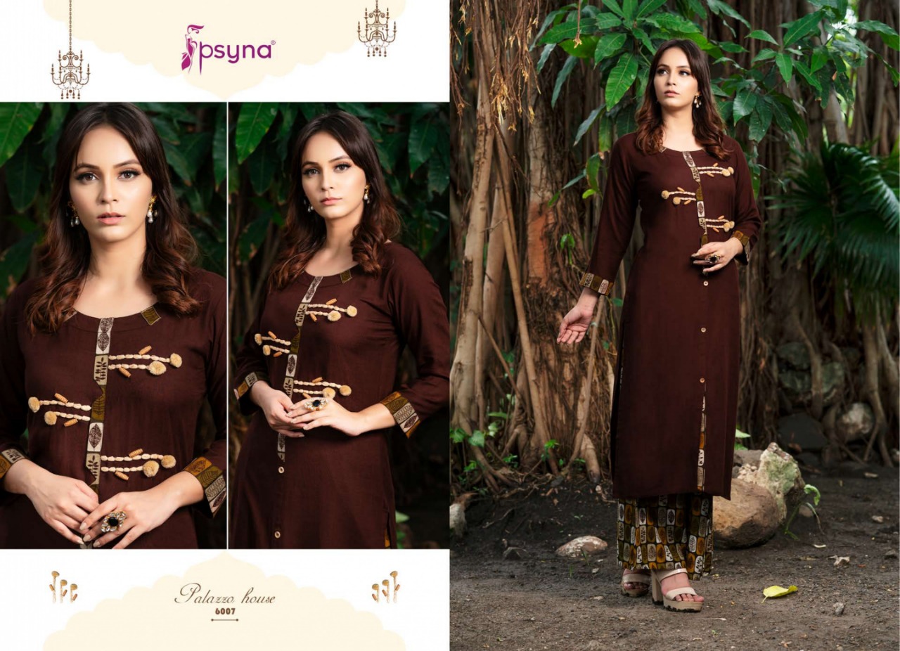 Palazzo House Vol-6 By Psyna 6001 To 6012 Series Beautiful Colorful Stylish Fancy Casual Wear & Ethnic Wear & Ready To Wear Heavy Rayon Slub Dyed Kurtis & Palazzos At Wholesale Price