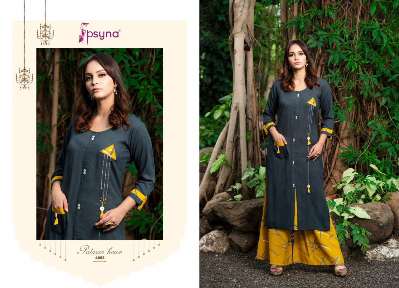 Palazzo House Vol-6 By Psyna 6001 To 6012 Series Beautiful Colorful Stylish Fancy Casual Wear & Ethnic Wear & Ready To Wear Heavy Rayon Slub Dyed Kurtis & Palazzos At Wholesale Price