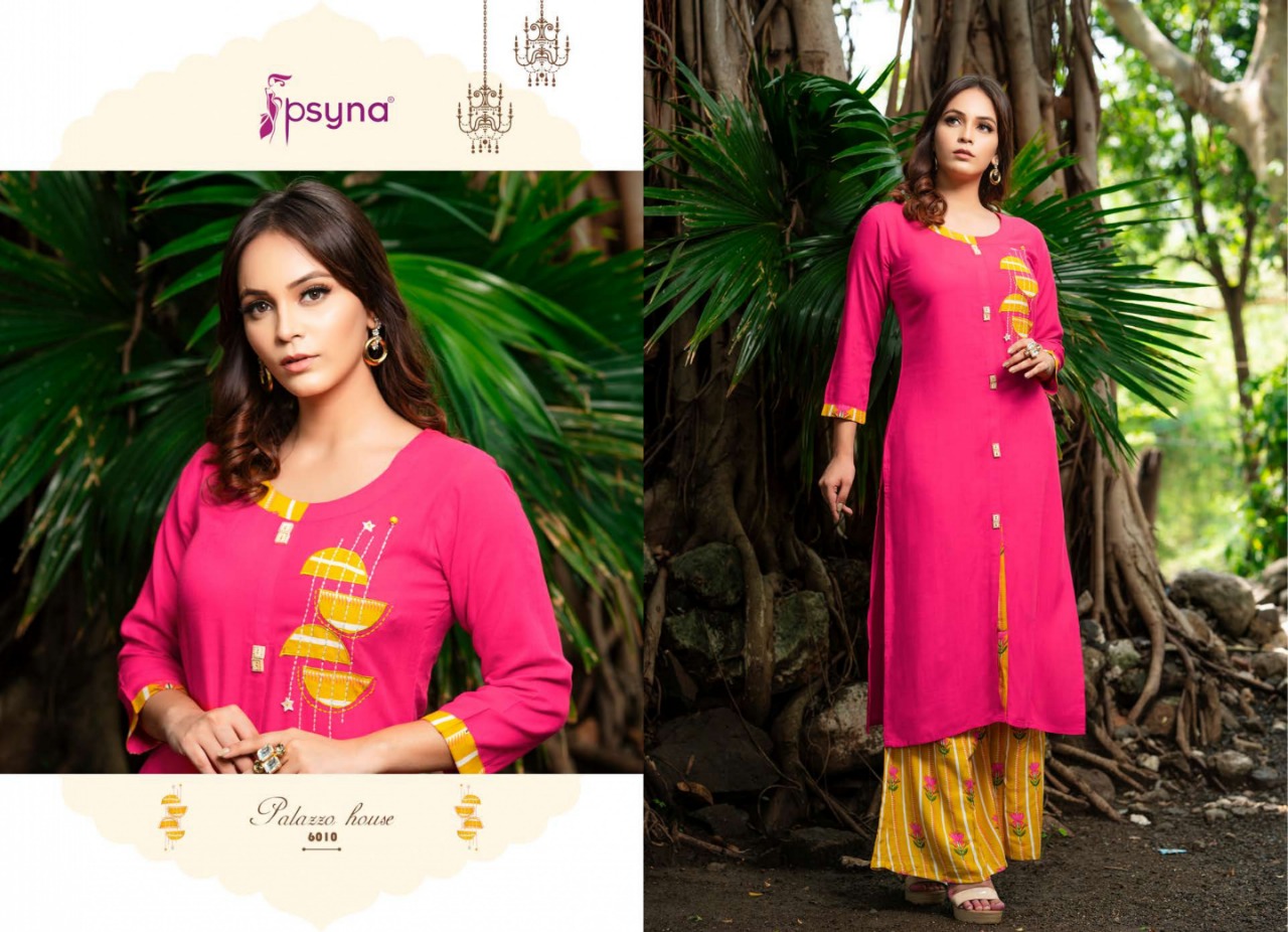 Palazzo House Vol-6 By Psyna 6001 To 6012 Series Beautiful Colorful Stylish Fancy Casual Wear & Ethnic Wear & Ready To Wear Heavy Rayon Slub Dyed Kurtis & Palazzos At Wholesale Price