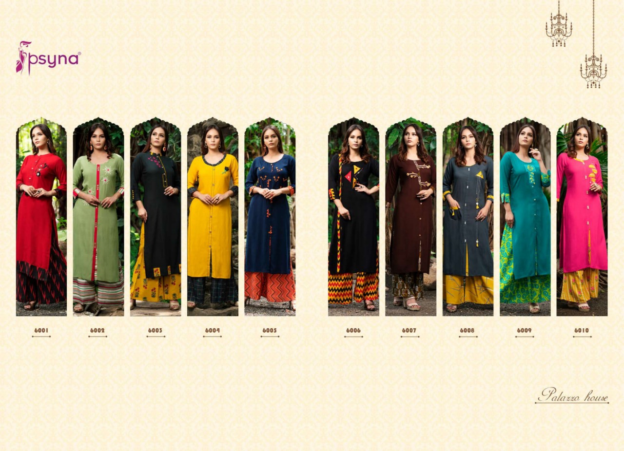 Palazzo House Vol-6 By Psyna 6001 To 6012 Series Beautiful Colorful Stylish Fancy Casual Wear & Ethnic Wear & Ready To Wear Heavy Rayon Slub Dyed Kurtis & Palazzos At Wholesale Price