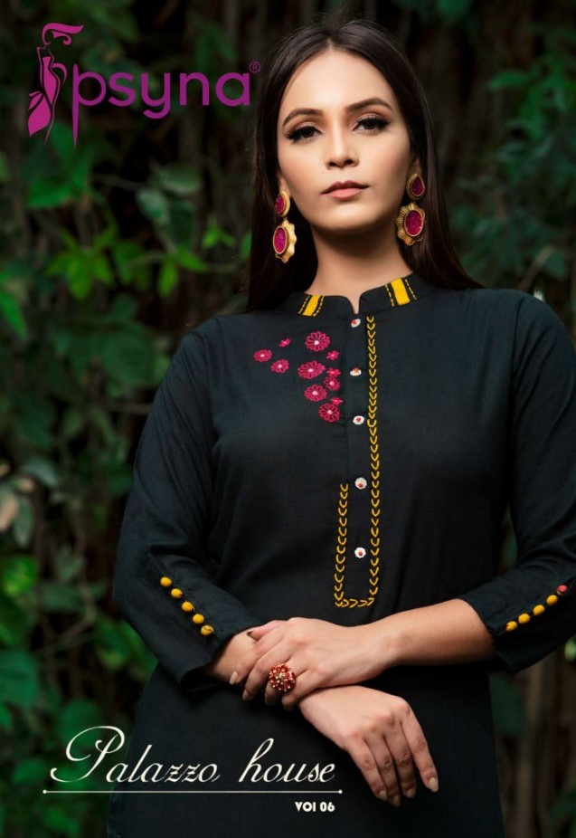 Palazzo House Vol-6 By Psyna 6001 To 6012 Series Beautiful Colorful Stylish Fancy Casual Wear & Ethnic Wear & Ready To Wear Heavy Rayon Slub Dyed Kurtis & Palazzos At Wholesale Price