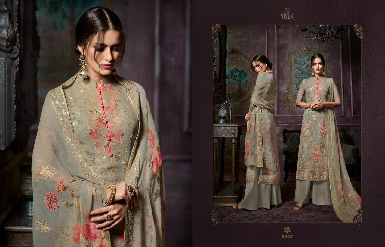 Parina Vol-3 By Vivek Fashion 8801 To 8808 Series Suits Collection Beautiful Stylish Fancy Colorful Casual Wear & Ethnic Wear Pure Viscose Georgette Digital Printed With Embroidery Work Dresses At Wholesale Price