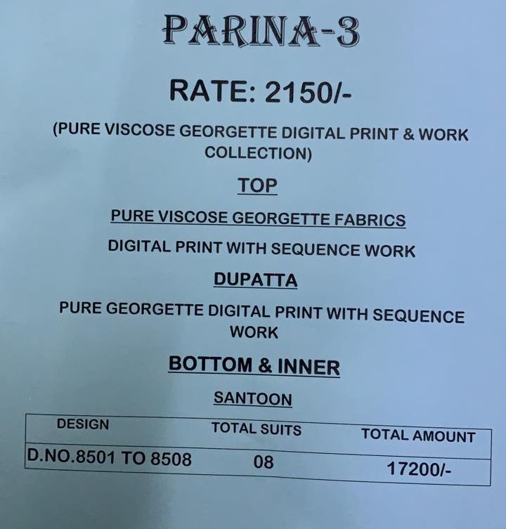 Parina Vol-3 By Vivek Fashion 8801 To 8808 Series Suits Collection Beautiful Stylish Fancy Colorful Casual Wear & Ethnic Wear Pure Viscose Georgette Digital Printed With Embroidery Work Dresses At Wholesale Price