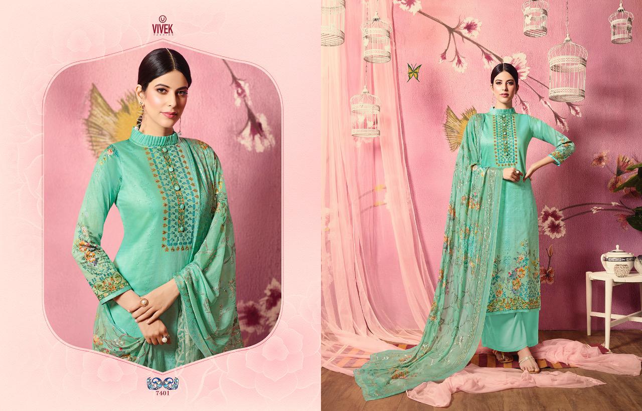 Parina By Vivek Fashion 7401 To 7408 Series Beautiful Suits Stylish Fancy Colorful Casual Wear & Ethnic Wear Collection Pure Muslin Silk Embroidered Dresses At Wholesale Price