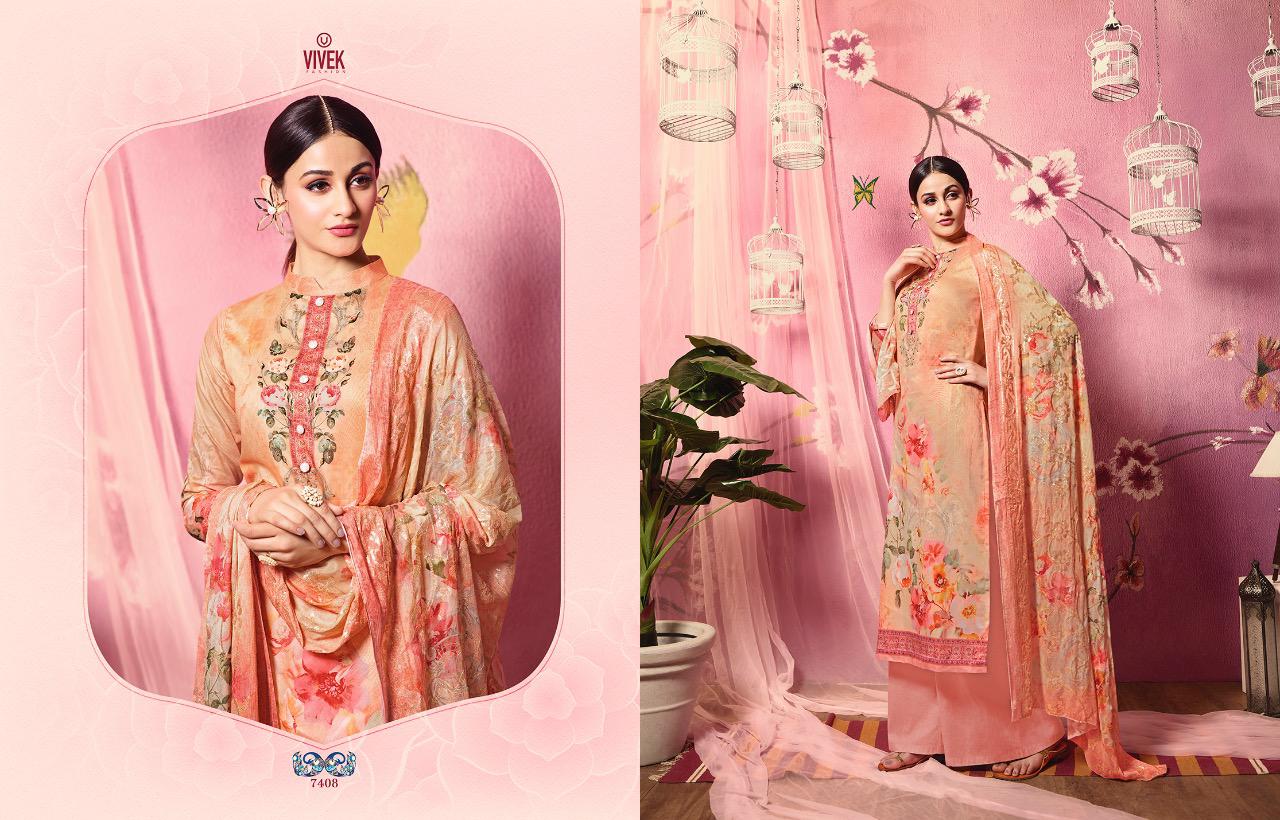 Parina By Vivek Fashion 7401 To 7408 Series Beautiful Suits Stylish Fancy Colorful Casual Wear & Ethnic Wear Collection Pure Muslin Silk Embroidered Dresses At Wholesale Price