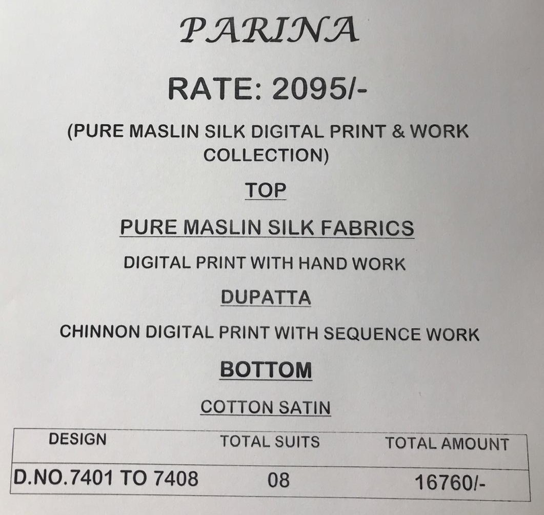 Parina By Vivek Fashion 7401 To 7408 Series Beautiful Suits Stylish Fancy Colorful Casual Wear & Ethnic Wear Collection Pure Muslin Silk Embroidered Dresses At Wholesale Price