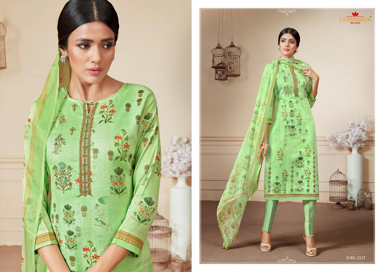 Parnika By Laxmimaya Silk Mills 1111 To 1120 Series Designer Suits Beautiful Stylish Fancy Colorful Party Wear & Occasional Wear Pure Cotton Satin Digital Style Print With Exclusive Neck Embroidery Work Dresses At Wholesale Price