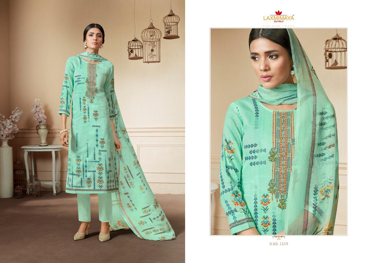 Parnika By Laxmimaya Silk Mills 1111 To 1120 Series Designer Suits Beautiful Stylish Fancy Colorful Party Wear & Occasional Wear Pure Cotton Satin Digital Style Print With Exclusive Neck Embroidery Work Dresses At Wholesale Price