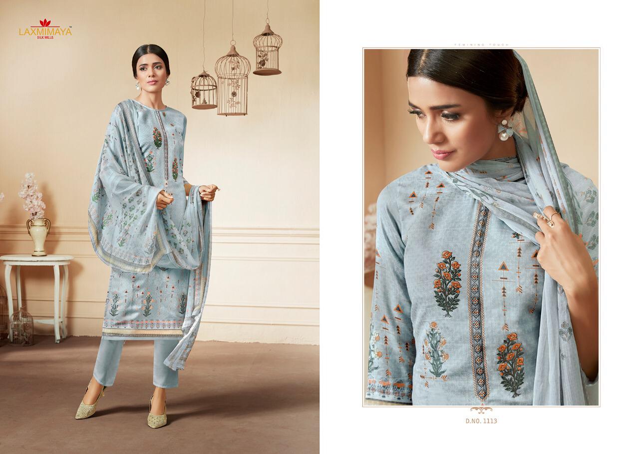 Parnika By Laxmimaya Silk Mills 1111 To 1120 Series Designer Suits Beautiful Stylish Fancy Colorful Party Wear & Occasional Wear Pure Cotton Satin Digital Style Print With Exclusive Neck Embroidery Work Dresses At Wholesale Price