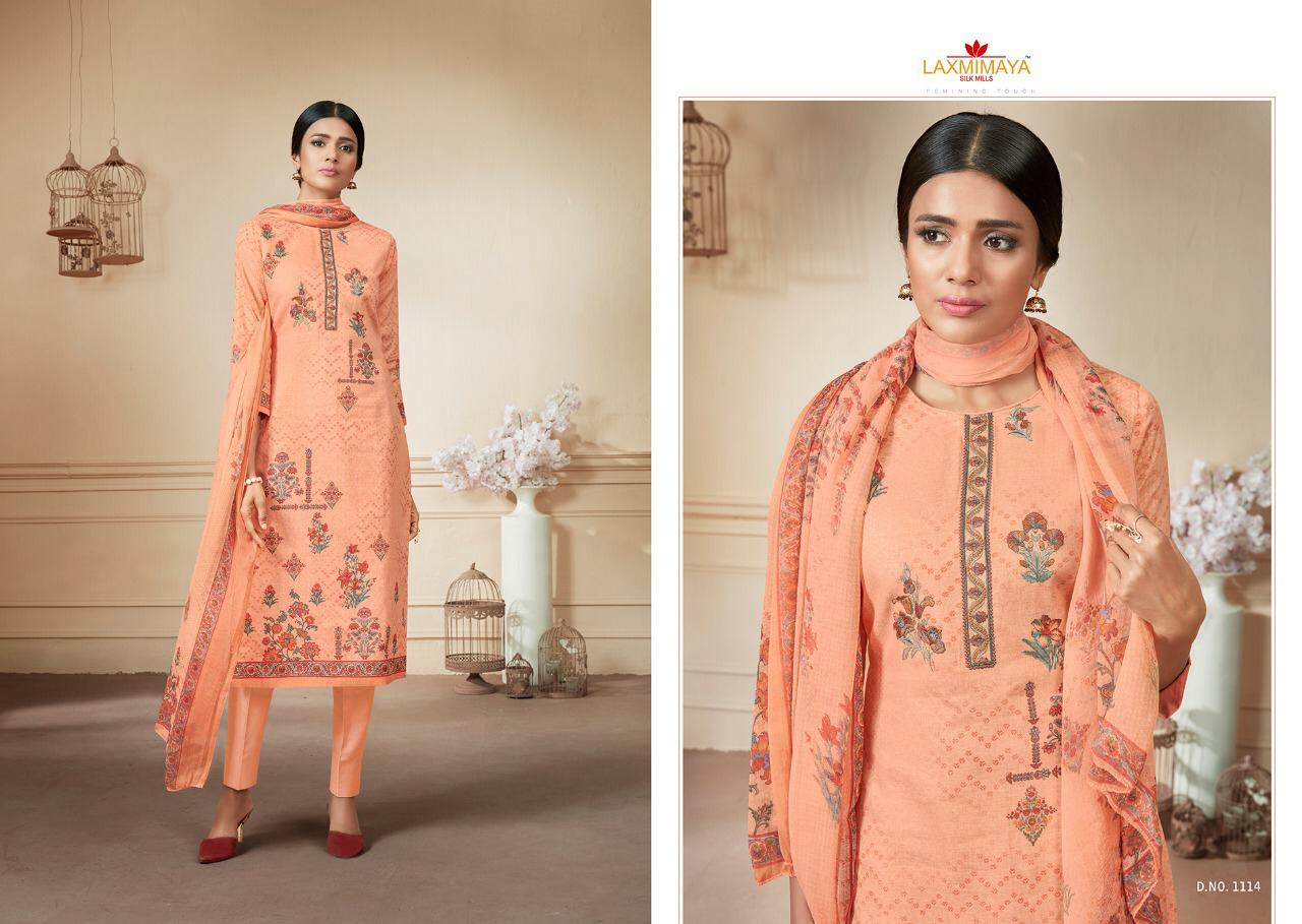 Parnika By Laxmimaya Silk Mills 1111 To 1120 Series Designer Suits Beautiful Stylish Fancy Colorful Party Wear & Occasional Wear Pure Cotton Satin Digital Style Print With Exclusive Neck Embroidery Work Dresses At Wholesale Price