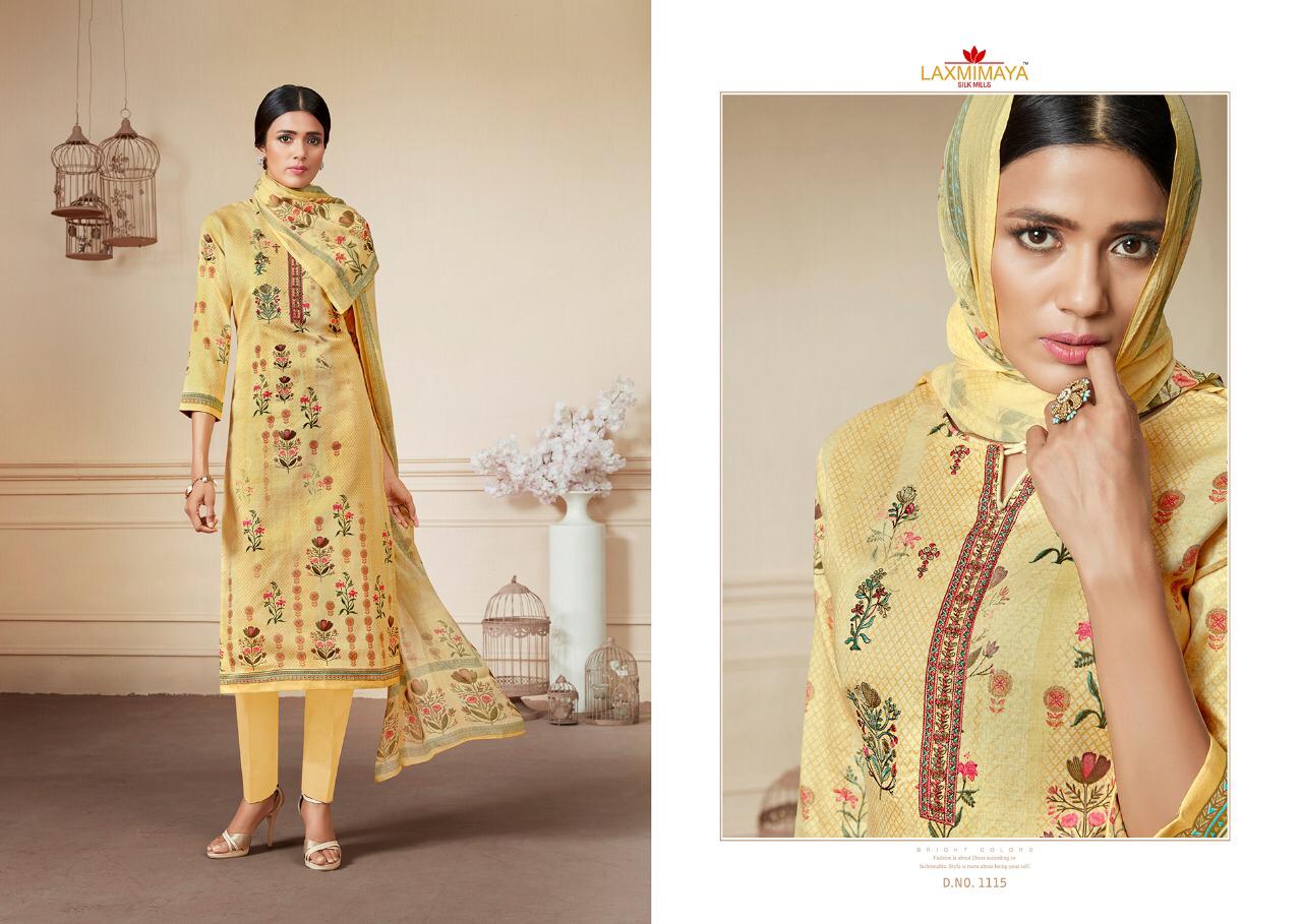 Parnika By Laxmimaya Silk Mills 1111 To 1120 Series Designer Suits Beautiful Stylish Fancy Colorful Party Wear & Occasional Wear Pure Cotton Satin Digital Style Print With Exclusive Neck Embroidery Work Dresses At Wholesale Price