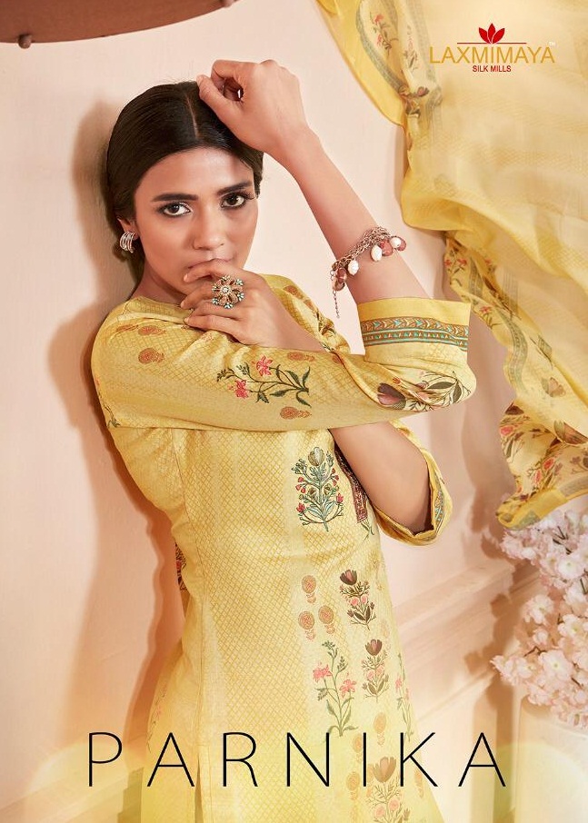 Parnika By Laxmimaya Silk Mills 1111 To 1120  Series Designer Suits Beautiful Stylish Fancy Colorful Party Wear & Occasional Wear Pure Cotton Satin Digital Style Print With Exclusive Neck Embroidery Work  Dresses At Wholesale Price